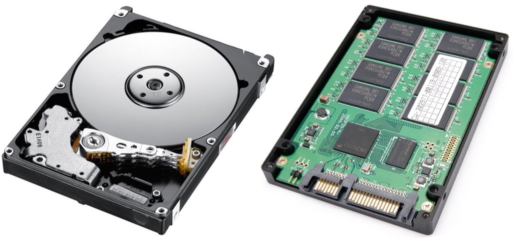 Inside view of a traditional spinning hard drive and a solid state drive