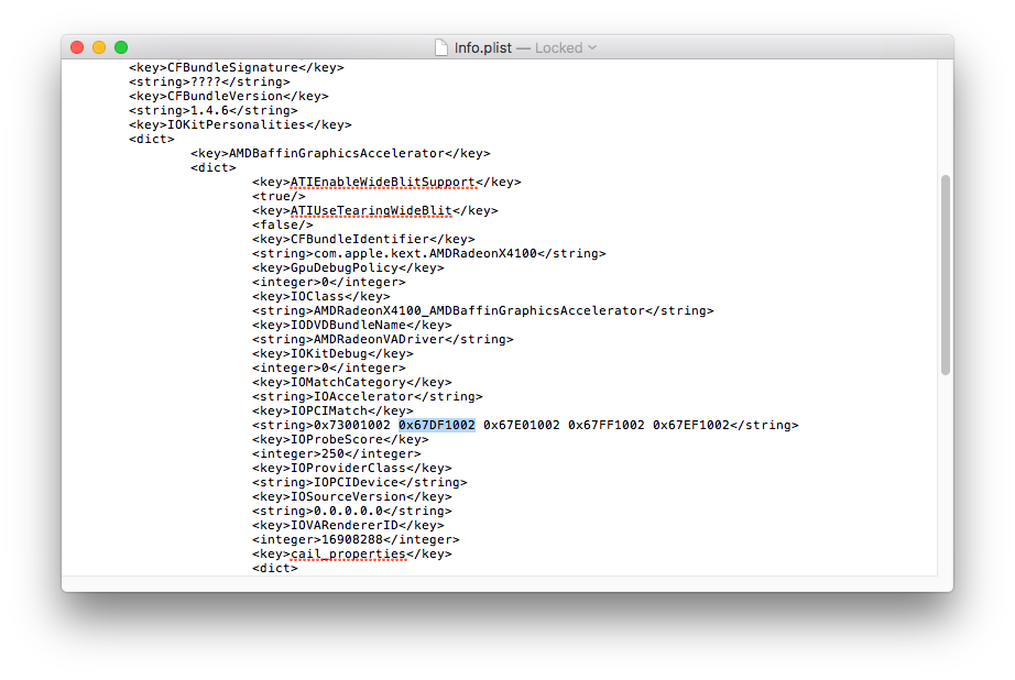 Add PCI ID 0x67DF1002 to AMDRadeonX4100 info.plist to enable Polaris 10 acceleration