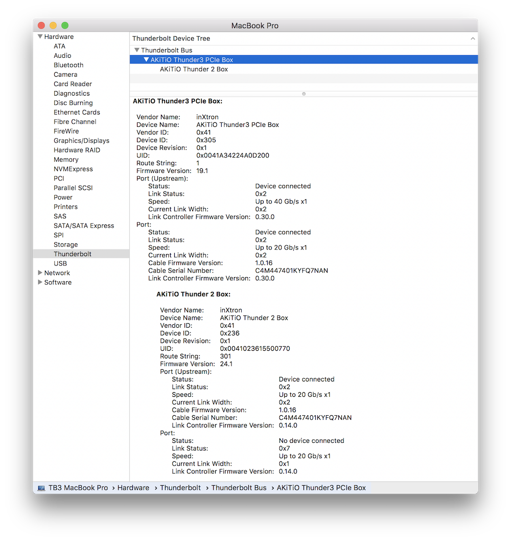 Thunderbolt 3 eGPU connects to Late 2016 MacBook Pro at 40Gb/s x1 speed